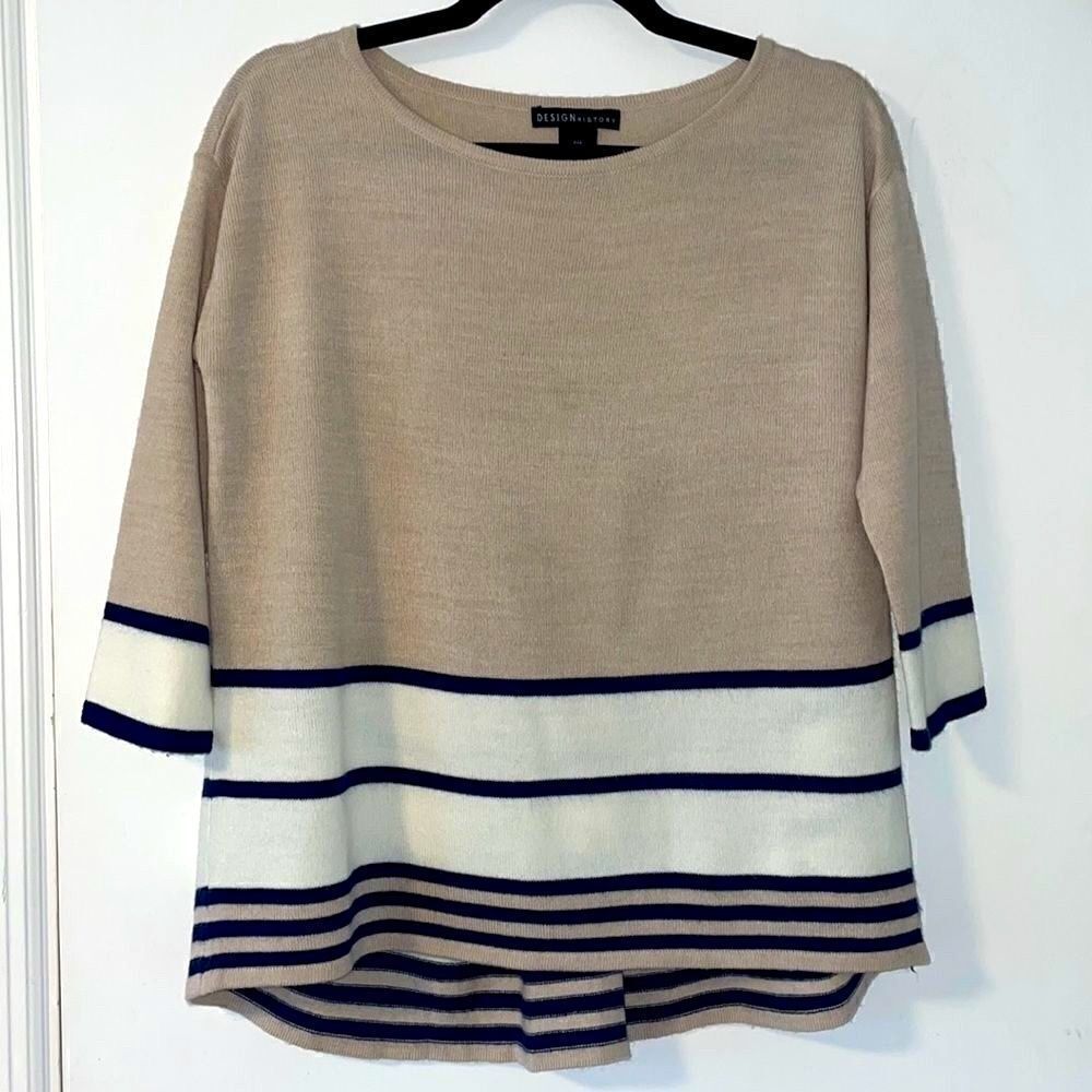 Design History border stripe pleat back 3/4 sleeve beige navy & cream sweater PM